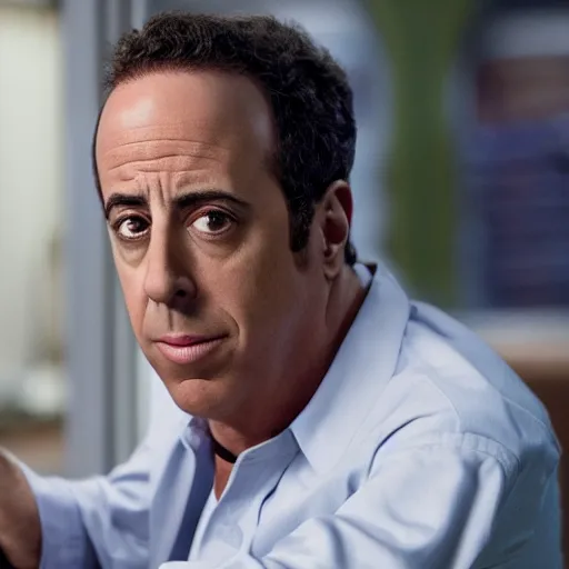 Image similar to Live Action Still of Jerry Seinfeld in Breaking Bad, real life, hyperrealistic, ultra realistic, realistic, highly detailed, epic, HD quality, 8k resolution, body and headshot, film still