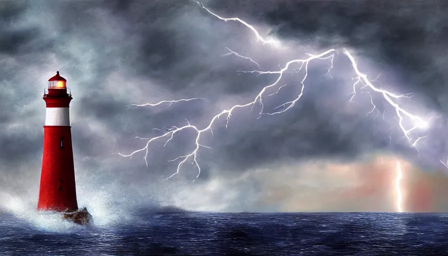 Image similar to a lighthouse being struck by lightning out at sea, digital art, highly detailed, realistic, bright colors, 8 k