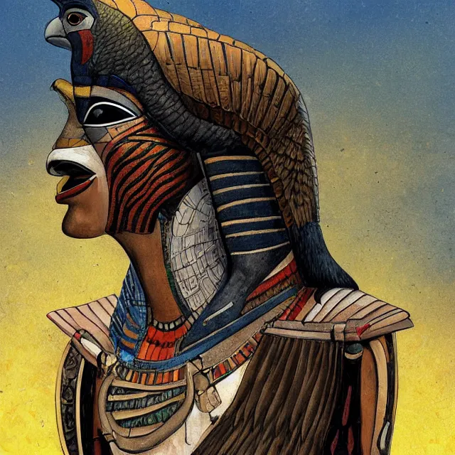 Prompt: rough painting of Horus the falcon headed egyptian god by Enki Bilal and Dave McKean