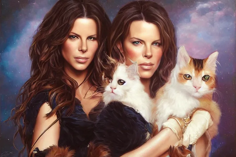 Prompt: portrait of kate beckinsale holding a cat, an oil painting by ross tran and thomas kincade