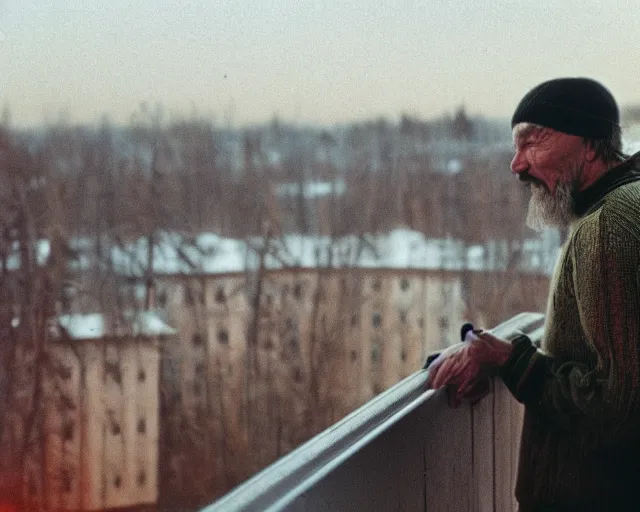 Image similar to lomographic tarkovsky film still of 4 0 years russian man with beard and sweater standing on small hrushevka 9 th floor balcony in taiga looking at sunset, perfect faces, cinestill, bokeh