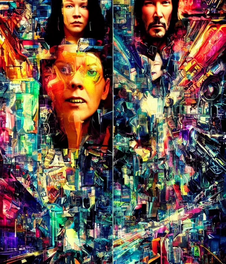 Image similar to Beautiful colorful Cyberpunk Movie Poster made for the film William Gibson's Cyborg Nights (2004) Starring Melissa McCarthy and Keanu Reeves, minimalist oil paint and ink and photo collage by Man Ray and Marcel Duchamp and Diane Arbus, Vivid color trending on artstation Cinematic lighting photographic! collage!! 8k