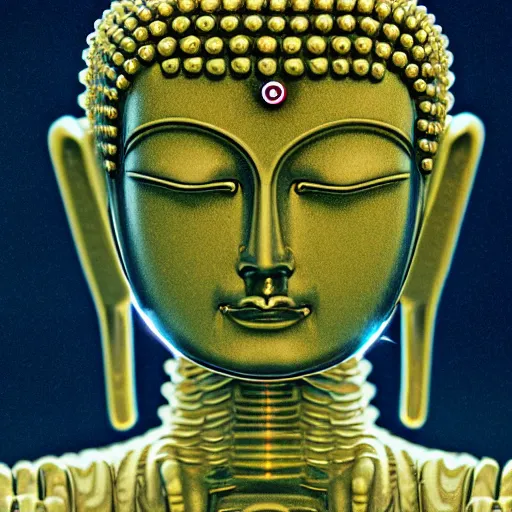 Image similar to robotic lifeform buddha meditating in front of a beautiful fractal neural network :: 35mm close up