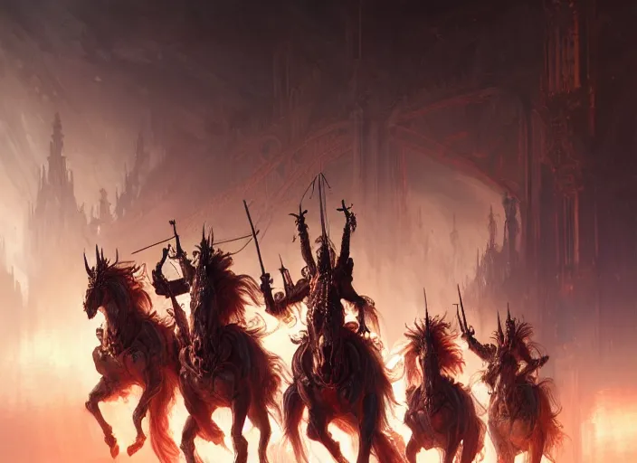 Prompt: painting of the four horsemen of the apocalypse, intricate, elegant, glowing lights, highly detailed, digital painting, artstation, concept art, smooth, sharp focus, art by wlop, mars ravelo and greg rutkowski