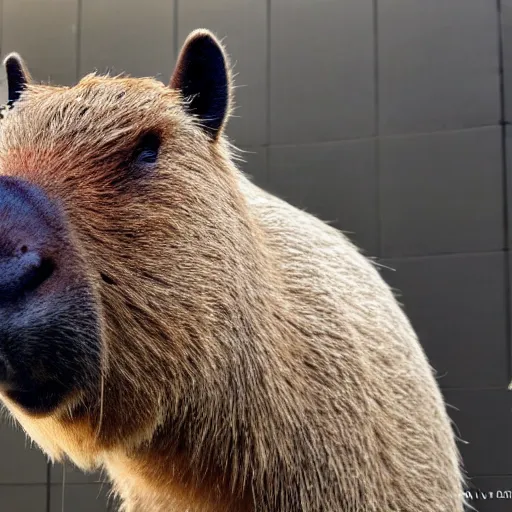 Image similar to a high detail photo of an antropomorphic capybara wearing a suit, subject= duck, subject detail: wearing a suit, photorealism