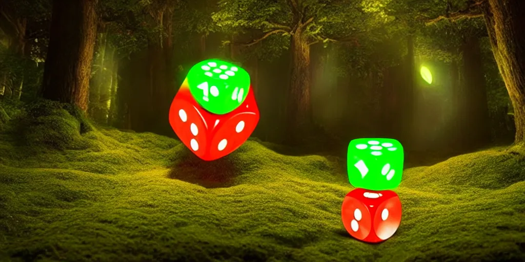 Image similar to forest god rolling giant magical 3 d d 6 casino dice cube, glowing, energy radiating, fantasy forest in the background, 4 k detailed, symmetry, by shaddy safadi and cam sykes and james paick