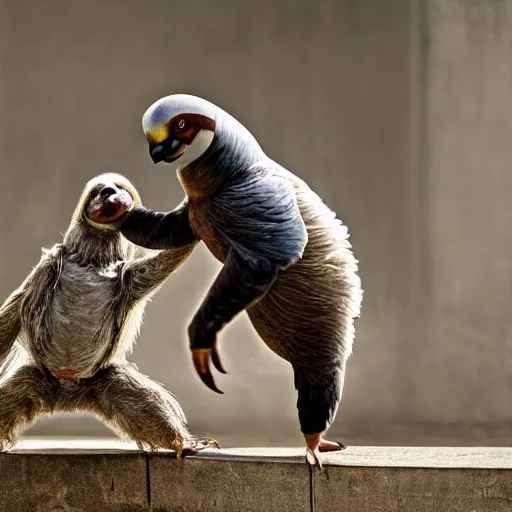 Image similar to sloth fighting a pigeon, aggressive sloth fighting a muscled pigeon, best photo award, high quality 8 k, cinematic lighting