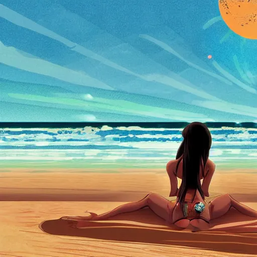 Prompt: digital art hand-drawn beautiful anime girl in a bikini watching the sunset on a beach