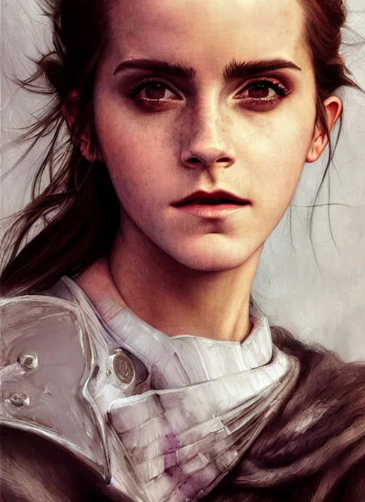 Image similar to emma watson portrait demon half human, elegant, wearing a bomber jacket, armor, hyper realistic, whitehorns, extremely detailed, dnd character art portrait, fantasy art,, dramatic lighting, vivid colors, artstation, by edgar maxence and caravaggio and michael whelan and delacroix, lois van baarle and bouguereau