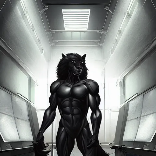 Image similar to a enormously muscled black - coated anthro horse supersoldier with long white hair wearing tactical kevlar fabric in a research facility, exaggerated muscle physique, highly detailed, furry, furaffinity, digital painting, artstation, sharp focus, smooth, concept art, illustration, art by artgerm, greg rutkowski, makoto shinkai