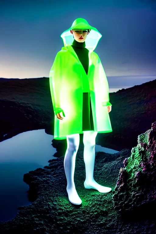 Image similar to an ultra high definition professional high fashion portrait studio full length photograph of a model wearing a transparent pearlescent raincoat and neon visor in an icelandic black rock environment at dawn. no artefacts. extremely detailed. stark. refraction. shallow depth of field. volumetric light and shadow. ray tracing. light rays.