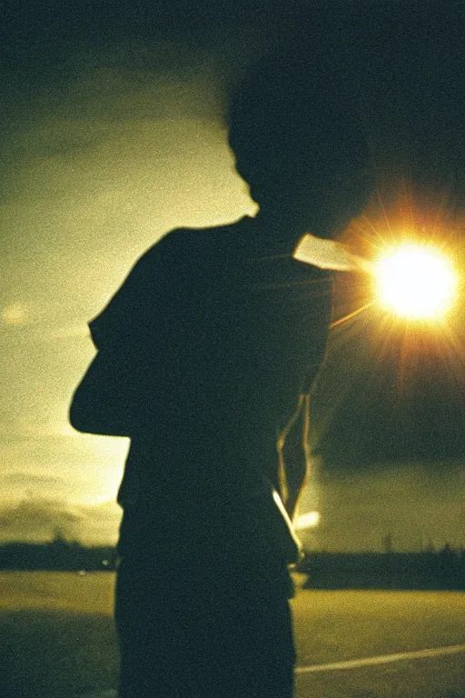 Image similar to agfa vista 4 0 0 photograph of a skinny guy getting abducted by alien spaceship, lens flare, back view, moody lighting, moody vibe, telephoto, 9 0 s vibe, grain, vintage, tranquil, calm, faded