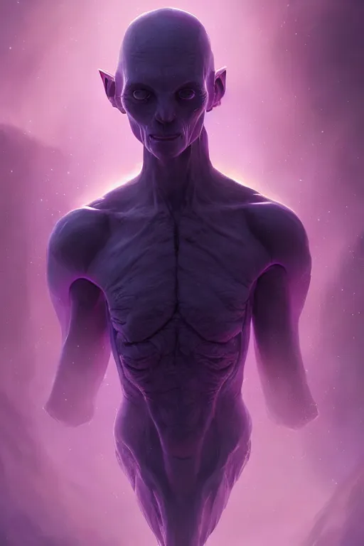 Prompt: portraint of a purple alien, greg rutkowski, 3 d render, 8 k, intricate, hyper realistic, mysterious, interstellar