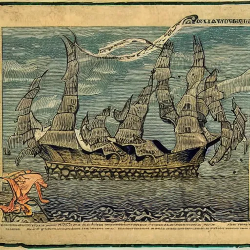 Image similar to kraken attacking a viking long ship in the middle of the ocean old european map