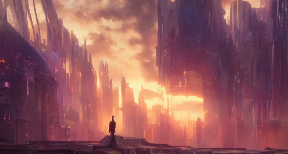 Image similar to A beautiful landscape painting of cyberpunk landscape by Alfons Maria Mucha and Don Bluth and Makoto Shinkai