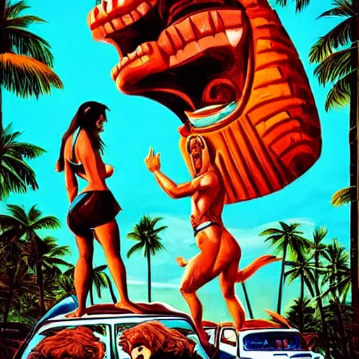 Image similar to A rampaging giant tropical tiki, stomping on cars and holding a screaming woman in his hand lurid surf art style, high detail,