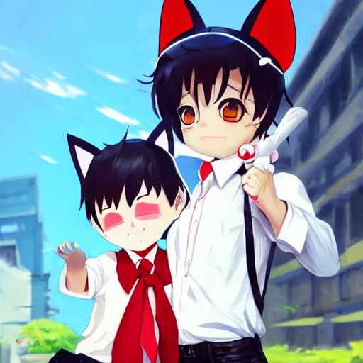 Image similar to anime woman with cat ears holding a package, a little boy wearing white shirt and red tie, digital artwork, in the style of krenz cushart y eddie mendoza and tyler edlin