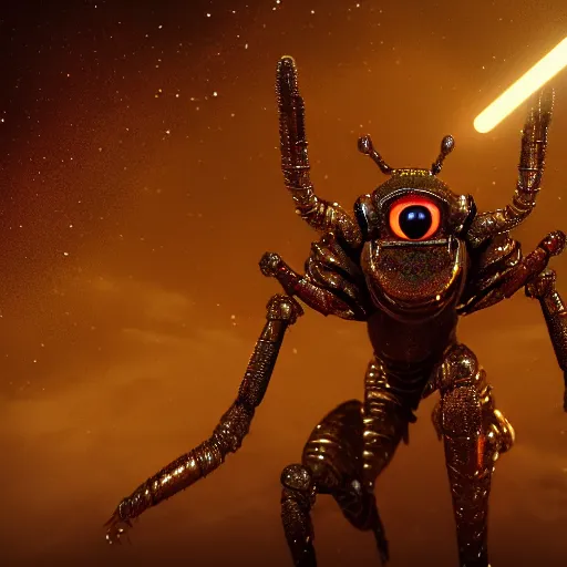 Prompt: a insect alien with a very detailed armour covered in blood eyes of gold sparkles cinematic high quality, sharp, unreal engine 5