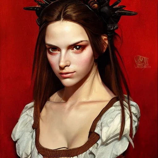 Image similar to high quality high detail portrait of a young gorgeous female warlock looking away from the camera, detailed eyes, no hands visiblefantasy, d & d, painting by lucian freud and mark brooks, hd