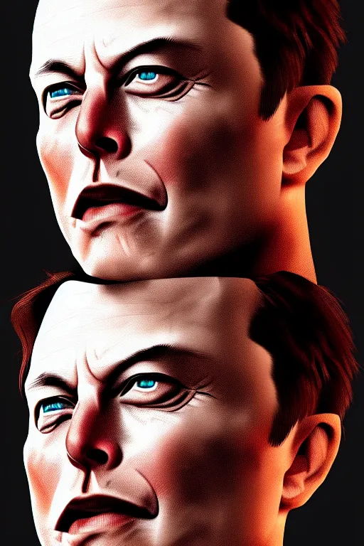 Image similar to elon musk in style of two - face harvey dent one side face has dragonskin fantasy sharp focus intricate elegant digital painting artstation