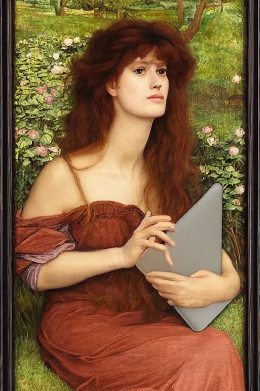 Prompt: a pre raphaelite painting of brigitte bardot, bored, looking at her rosegold macbook air by dante gabriel rossett