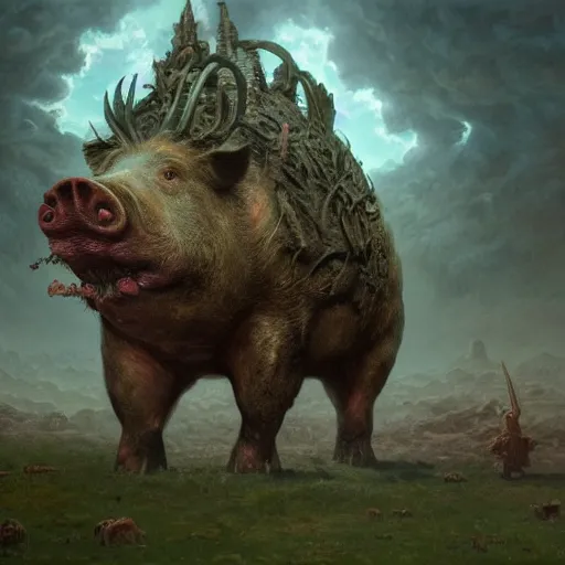 Image similar to A giant pig-monster made of grotesque things in Elden Ring, fullbody, intricate, demonic, video game art, highly detailed, artstation, green field with village ruins, concept art, smooth, sharp focus, illustration, art by greg rutkowski and orientalism and bouguereau and Zdzislaw Beksinski, good clear quality, lighting, biology, symmetrical artwork, perfect face, 135 mm, cinematic, hyper realism, high detail, octane render, 8k, chrome accents