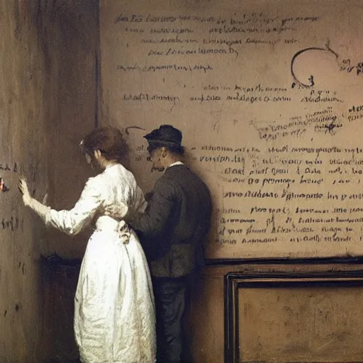 Image similar to a man and a woman solving an escape room puzzle, mysterious markings on the wall, by alfred stevens