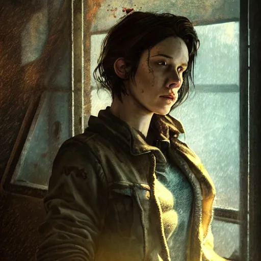 Image similar to fallout 5, charismatic beautiful rugged brunette female protagonist, portrait, indoors dilapidated store interior, atmospheric lighting, painted, intricate, volumetric lighting, beautiful, daytime, overcast weather, sharp focus, deep colours, ultra detailed, by leesha hannigan, ross tran, thierry doizon, kai carpenter, ignacio fernandez rios