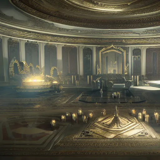 Prompt: luxurious palace of asgard interior, 8k hd concept art, hyperrealistic, ultra detailed, cinematic, cinematic lighting, featured on artstation, octane render