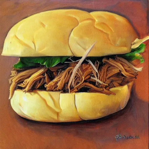 Image similar to pulled pork sandwich, artwork of time okamura