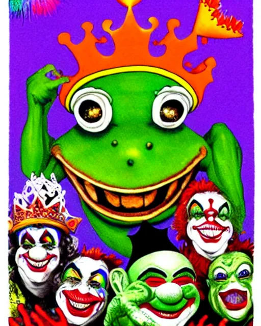 Image similar to Clown Frog King has his crown stolen by a gang of clowns, clown frog king wearing clown makeup and rainbow wig, clown king pepe, clown crown artwork by Glenn Fabry and Kentaro Miura