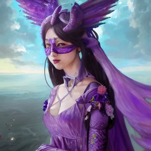 Image similar to an extremely detailed matte painting hatsune miku as a demon queen in a resplendant and beautiful purple dress as a masquerade ball, epic fantasy, viewed in profile from far away, sharp focus, detailed face, art by greg rutkowski and alphonse mucha, volumetric lighting, 4 k resolution, artstation