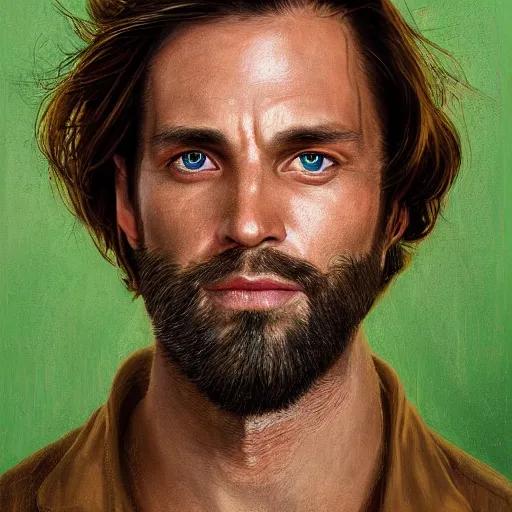 Image similar to portrait of a handsome man of 3 9 years old, green eyes, light brown, good looking, wide round nose, mid long hair by david rutkowski, by artgem