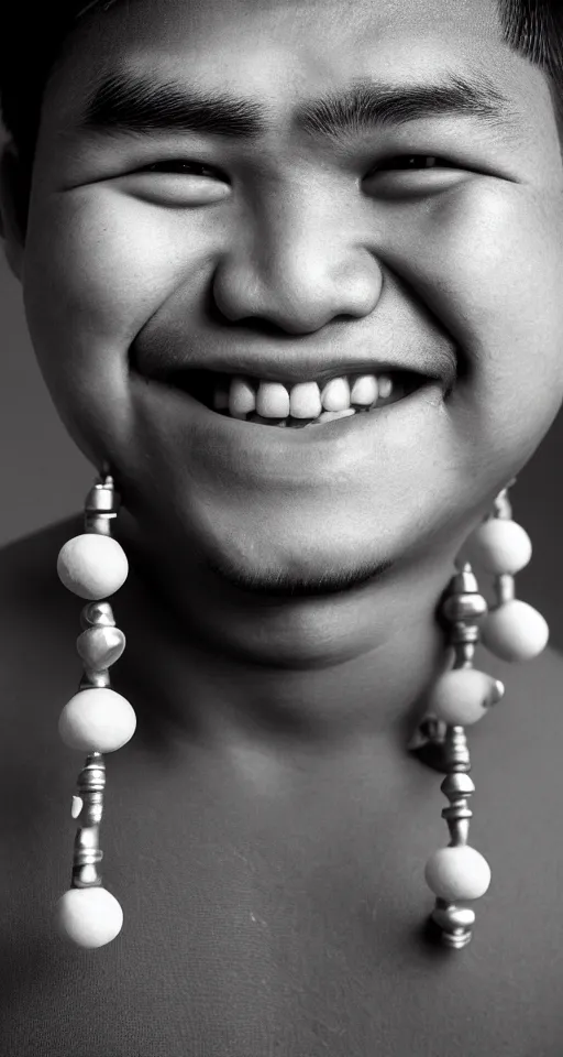 Prompt: close up photograph of just one single fat filipino teenage man smiling with crooked teeth, a curly perm, peach fuzz mustache, small studded earings, 4 k, photorealistic, high detail by yousuf karsh