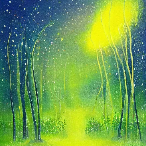 Prompt: a serene painting of fireflies take off in the woods, trailing long green and blue trails of light