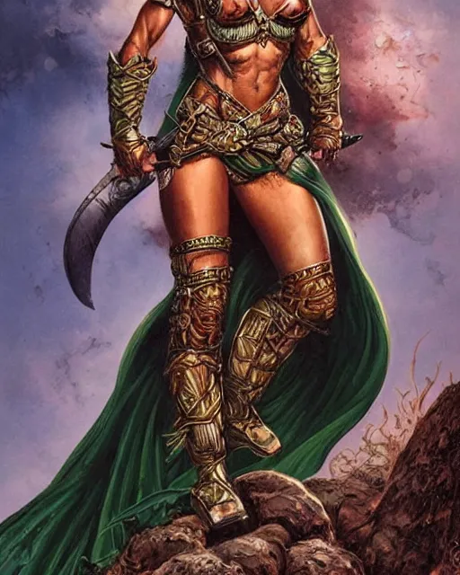 Prompt: a beautiful and strong female warrior by Boris Valejo and Laura Sava and Jeff Easley