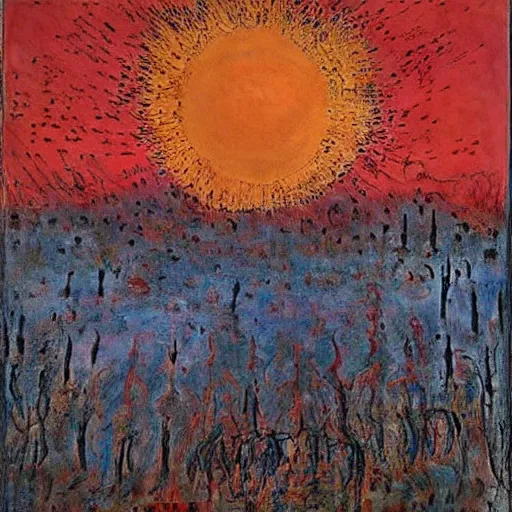 Image similar to under the bleeding sun, by Anselm Kiefer, by Max Ernst, by, Mark Rothko beautiful, eerie, surreal, colorful