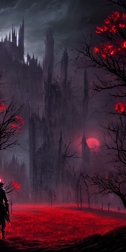 Image similar to populated bloodborne old valley with a obscure person at the centre and a ruined gothic city in the background, trees and stars in the background, falling red petals, epic red - orange moonlight, perfect lightning, wallpaper illustration by niko delort and kentaro miura, 4 k, ultra realistic