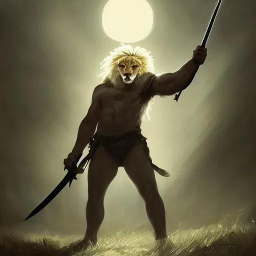 Image similar to commission of a male anthropomorphic albino lion holding a sword,digital art,art by greg rutkowski,trevor henderson,ross tran,photorealistic,hyperdetailes,highly realistic,natural lighting,deviantart,artstation,dramatic,cinematic,4k,western comic style,sharp lineart,hard shadows