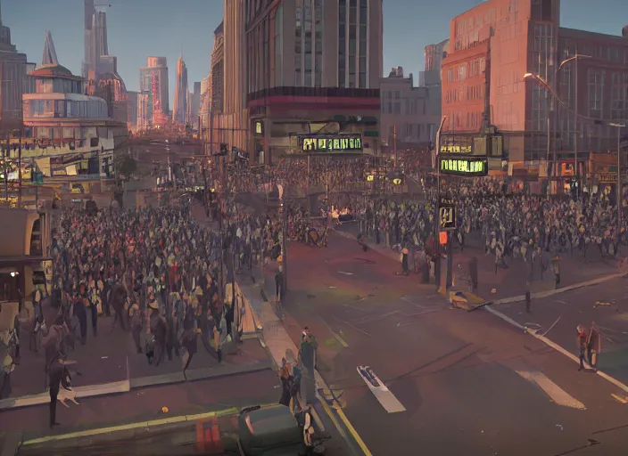 Image similar to crowd of working citizens protests while missles and bombs explode in the city, DSLR 35mm, by Edward Hopper and Dan Mumford and WLOP and Aleksandr Aleksandrovich Deyneka and Andrei Andreyevich Popov, Unreal Engine 5, Lumen, Nanite