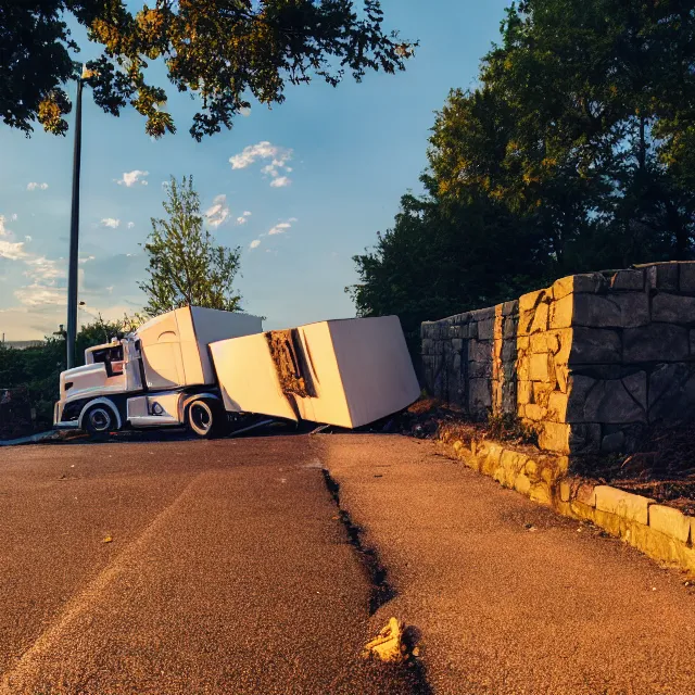 Prompt: semi truck crashing though a stone wall into an empty playground, security camera, photo, photorealistic, golden hour