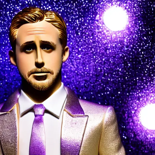 Image similar to Ryan Gosling with silver-violet hair, white eyes and golden glittery dress, wide lens, diorama, 4k,