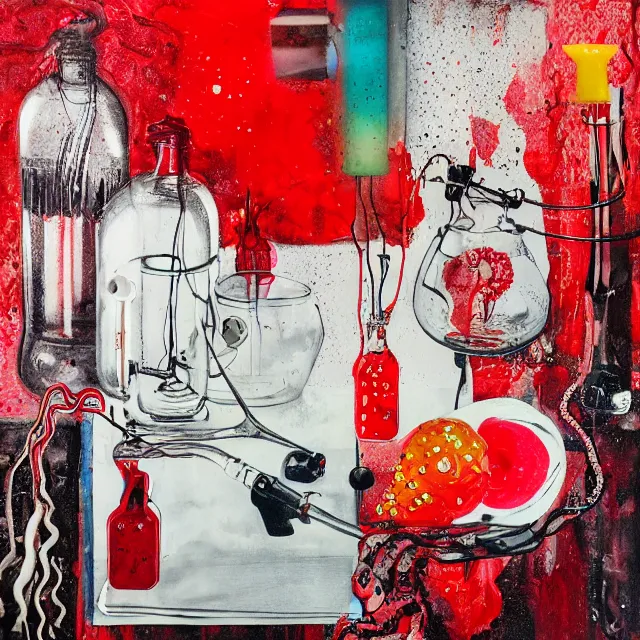 Prompt: red drips, portrait of a female art student, scientific glassware, oscilloscope, x - ray, sensual, sweet almost oil, almond blossom, squashed berries dripping, octopus, candlelight, neo - impressionist, surrealism, acrylic and spray paint and oilstick on canvas