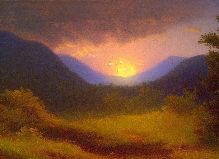 Prompt: Oil painting of the blue ridge mountains at sunset in the style of Albert Bierstadt