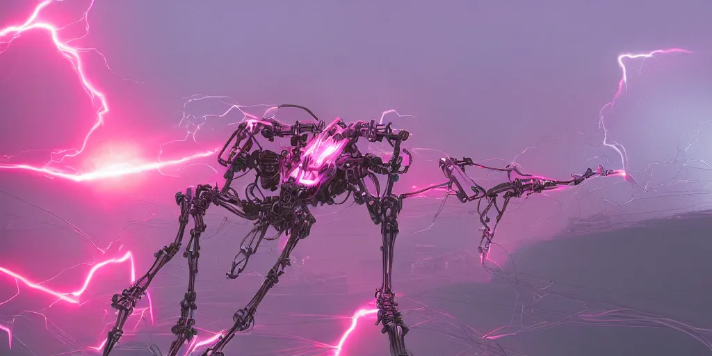 Prompt: a neon pink humanoid MECHA with biomechanical powered exoskeleton, many wires and gears, climbing up an ocean cliff during a rain storm sunrise