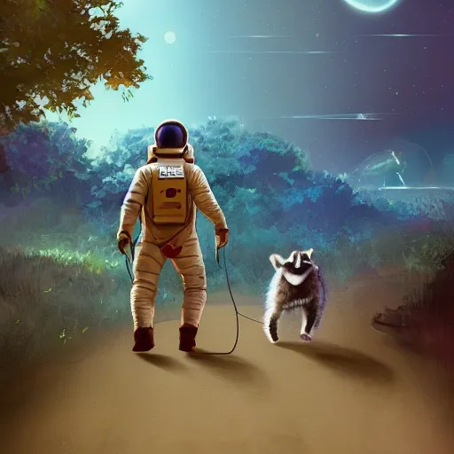 Prompt: an astronaut walking a racoon on a leash in a suburban neighbourhood, artstation, 4 k, epic composition, realistic, cgsociety