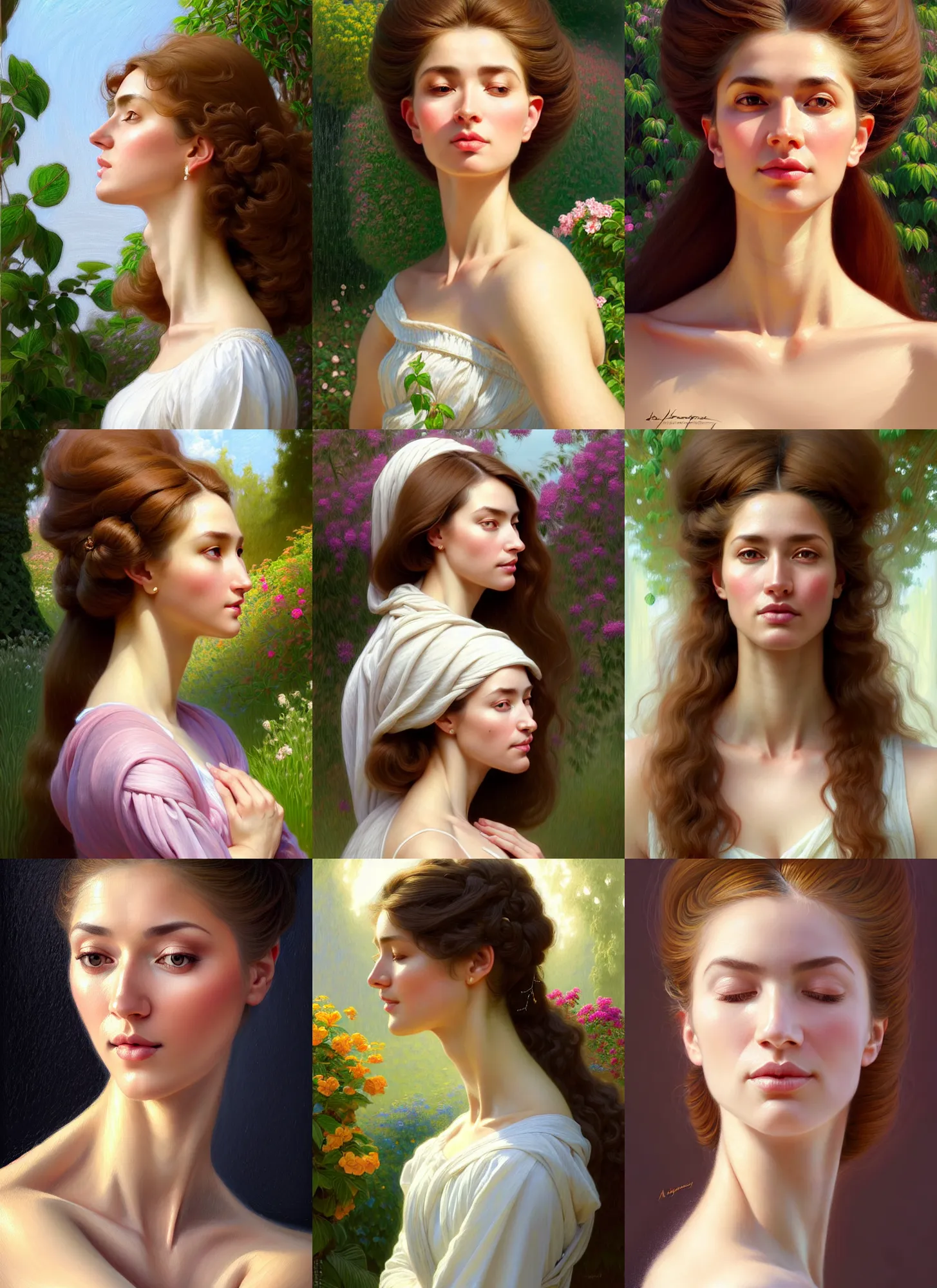 Prompt: a head and shoulder portrait of [ a modest wife ] blessed by god to grow ever - more intelligent beautiful voluminous muscular tall healthy and alive. modestly clothed, in garden, intricate, elegant, highly detailed, digital painting, artstation, concept art, symmetry, smooth, sharp focus, illustration, art by artgerm and rutkowski and mucha