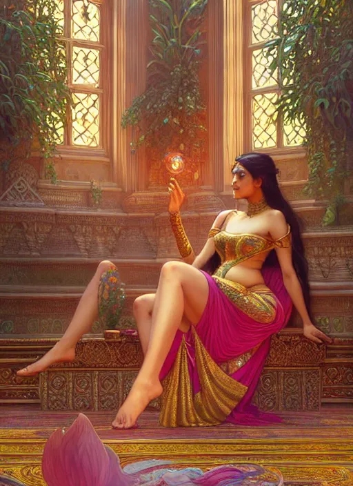 Image similar to an indian princess relaxing in her palace, shiny, fantasy, intricate, elegant, hyper detailed, ultra definition, photoreal, artstation, unreal engine rendered, concept art, smooth, sharp focus, illustration, art by artgerm and greg rutkowski and alphonse mucha and garis edelweiss