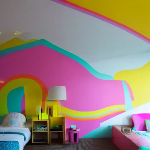 Prompt: nostalgic room with rainbow walls and skirting boards on the walls, with yellow carpet and a window on the wall emitting pink light