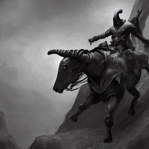 Image similar to hooded knight riding a goat by frank frazetta, flowing cape, dynamic pose, chiaroscuro, fantasy, very detailed, dungeons & dragons, sharp focus, striking, artstation contest winner, detailed